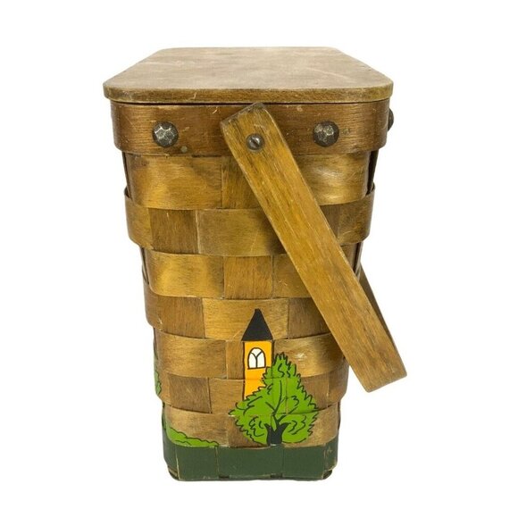 Gary Gail Dallas Vintage 1970s Woven Wood Basket Purse Hand-Painted Cityscape - Picture 2 of 9